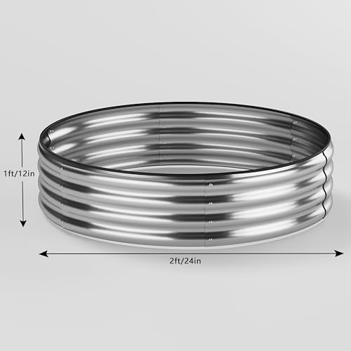 Galvanized Metal Planter Round Raised Garden Bed Kit for Gardening Outdoor，2x2x1ft Planter Grow Garden Box Raised Flower Bed，Round Galvanized Planter Outdoor Metal Fire Pit Ring