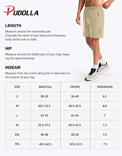 Pudolla Men's Workout Running Shorts with 3 Zipper Pockets Lightweight 7" Gym Shorts for Men Athletic Walking Hiking(White Small)