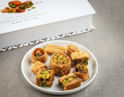 YAFA Baklava -Middle Eastern Sweets- Pistachio Baklava - Bakery Dessert-Turkish Delights Assorted - Eid Gift Basket - Turkish Baklava-Taste of Palestine-Baklava Gift Box 450g (46-48pcs)