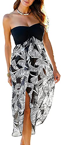 Women's Beach Dress Summer Sundress Maxi Strapless Cover Ups Vacation Wrap Dresses(A Maxi White Leaf,S)