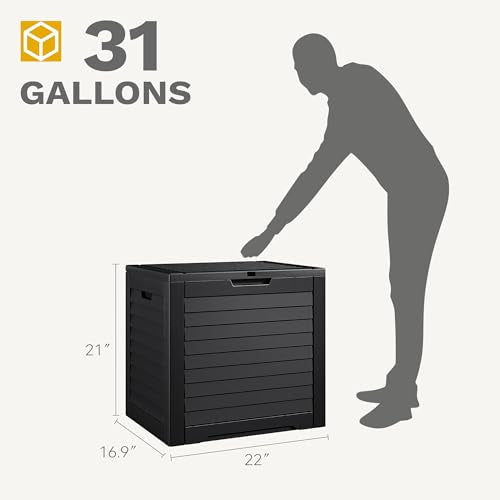 DWVO Louvered Large Deck Box, 31 Gallon Resin Outdoor Storage Box w/Lockable Lid and Side Handles for Patio Furniture, Garden Tools and Pool Supplies,Waterproof and UV Resistant, Black