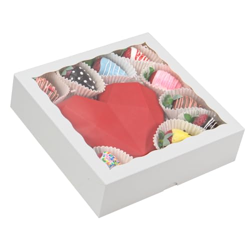 RomanticBaking 14pcs 9x9x2.5 Inches Bakery Boxes with Window Pie Boxes Breakable Heart Boxes Chocolate Covered Strawberries Boxes Cookies Boxes Cakesickle Boxes