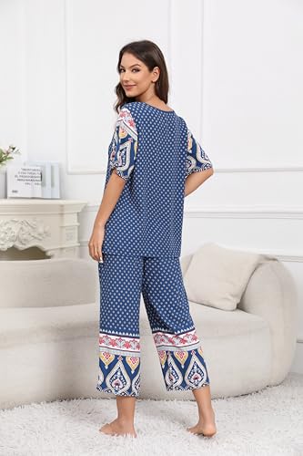 Ekouaer Women's Capri Pajama Sets Short Sleeve Shirt and Capri Pants Mumu Pajama with Pockets Sleepwear Pjs Sets