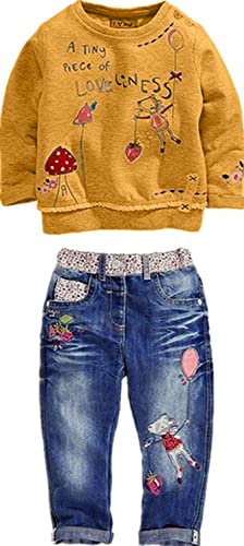 LUKYCILD Toddler Girl Clothes Baby Girl Long Sleeve Top + Jeans Pants with Pockets 2 Piece Outfit Cartoon Clothing Set