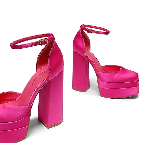 DREAM PAIRS Womens Pointed Toe High Chunky Heels Pump Shoes, Rose Red-Satin - 10 (SDPU2319W)