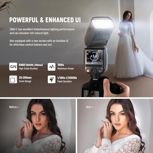 NEEWER Z880-C 2.4G 76Ws TTL Camera Flash Speedlite Compatible with Canon, Upgraded UI, Adjustable Modeling Lamp, TTL/M Quick Switch TCM Key, 1/8000s HSS 7.4V/2600mAh Battery 480 Full Power Flash