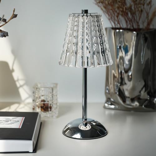 Amingulry Cordless Table Lamp, 4000mAh Rechargeable Battery Operated Lamp, 3 Color Modes & Stepless Dimmable LED Touch Lamp, Portable Crystal Metal Beside Lamps for Bedroom Restaurant(Silver 2 Pack)