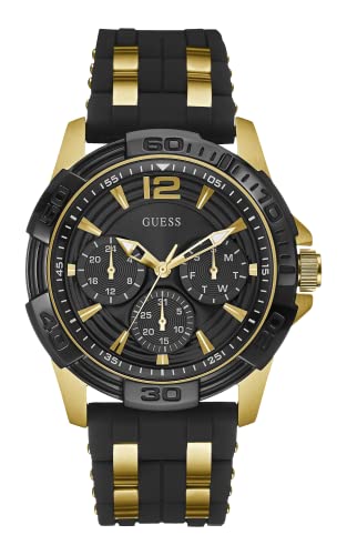 GUESS Mens 43mm Watch - Black Strap Black Dial Gold Tone Case