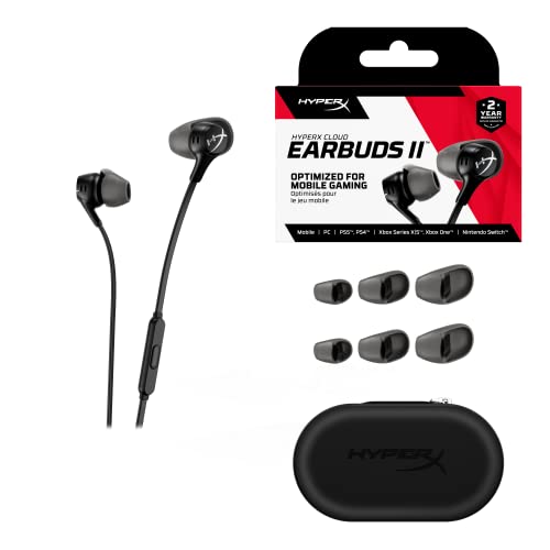 HyperX Cloud Earbuds II – 14mm Drivers, Four Eartips, Hard-Shell Carrying Case, Low-Profile 90° Plug, 3.5mm Plug, Built-in Microphone, Multi-Function Button, PC, Mobile, Nintendo Switch – Black