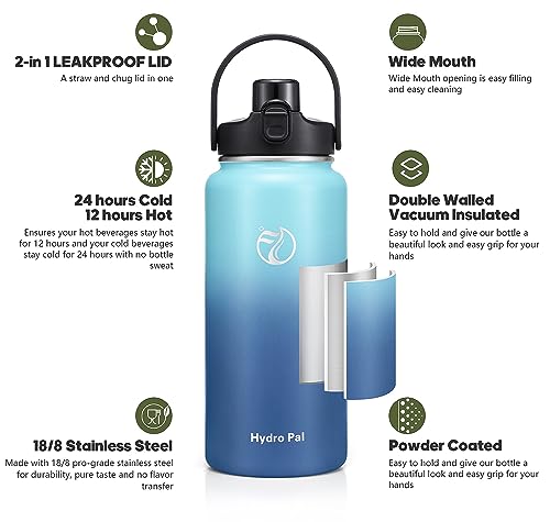 Half Gallon Insulated Water Bottle with 2-in-1 Lid (Chug Lid/Straw Lid), 64oz Double Walled Vacuum Stainless Steel Water Bottles, Water Jug with Straw, Wide Mouth Insulated Thermos