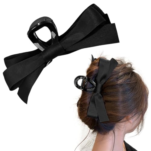 Satin Bow Claw Clip for Women Girls, Bow-knot Hair Claw Clip Stylish Strong Hold Hair Claw Barrette for Thick Thin Hair Casual Formal Wear (Black)