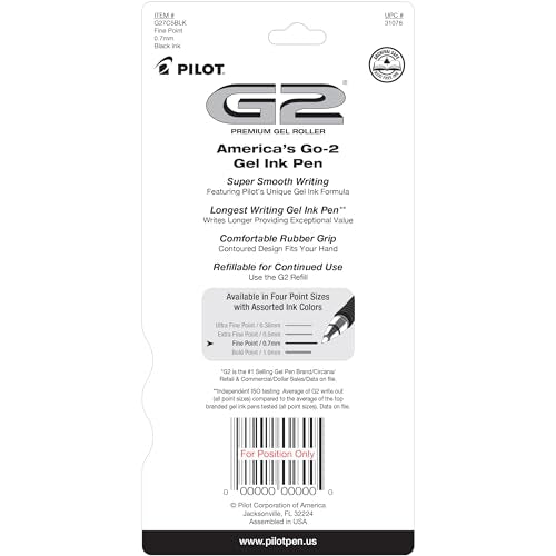 Pilot, G2 Premium Gel Roller Pens, Fine Point 0.7 mm, Black, Pack of 5