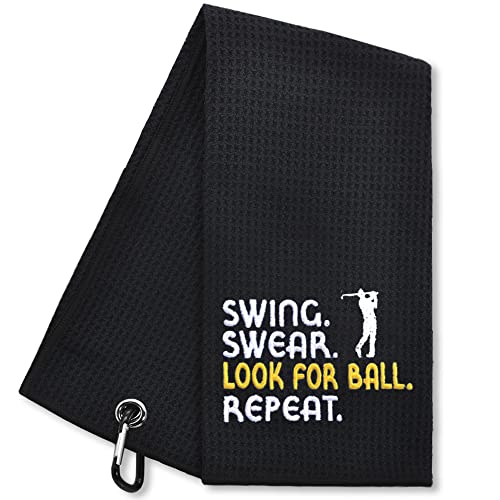 Hafhue Swing Swear Look for Ball Repeat Funny Golf Towel, Golf Gifts for Men Women, Golf Accessories for Men or Women, Birthday Gifts for Golf Fan, Retirement Gift for Men Dad Grandpa (GRM019)