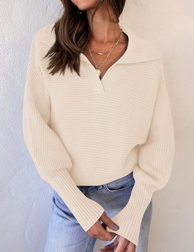 ZESICA Women's 2024 Fall Lapel Collar V Neck Long Sleeve Ribbed Knit Comfy Loose Casual Pullover Sweater Jumper Top,Purple,Small