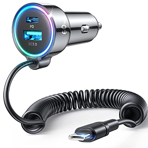 USB C 60W Super Fast Car Charger PD& QC3.0 with 5ft 30W Type C Coiled Cable, Car Phone Charger Adapter for iPhone 16/15 Pro Max Plus, Samsung Galaxy S24/S23/S22, Google Pixel/Moto/LG/Android, iPad Pro