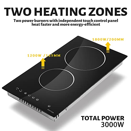 Noxton 2 Burner Electric Cooktop 12 Inch, Built-in Electric Radiant Ceramic Stove Top, Sensor Touch Control, Child Safety Lock, Timer, 3000W, Hard Wire for 220V~240V