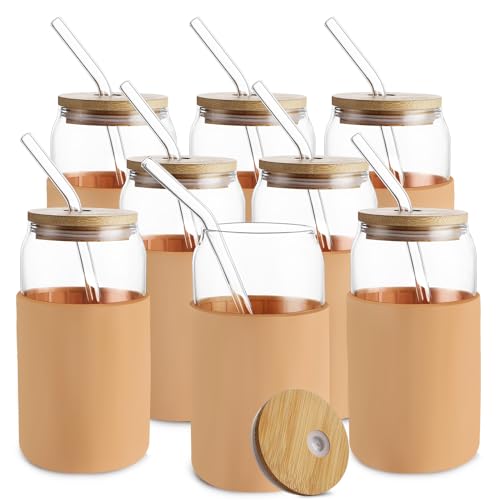 HOMBERKING Glass Cups with Bamboo Lids and Straws 8pcs Set, 20oz Can Shaped Cute Tumbler Cup with Cleaning Brushes, Beer Glasses, Iced Coffee Cups with Silicone Protective Sleeve BPA Free, Amber