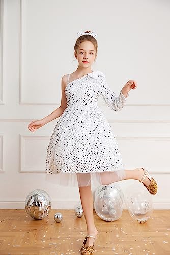 GRACE KARIN Girls Sequin Dress One Shoulder Flower Girl Dress Birthday Formal Wedding Party Gown Apricot Long Sleeve Dress for Girls 6Y