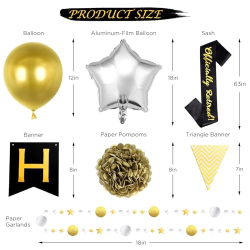 GAGAKU Happy Retirement Banner Assembled,Black and Gold Retirement Party Decorations,Retirement Decoration Set Retired Sash Foil Balloon Retirement Party Supplies for Office Farewell Party