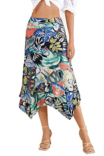 DJT Women's High Elastic Flat Waist Handkerchief Hem Flowy Flared Casual Midi Skirt Black S