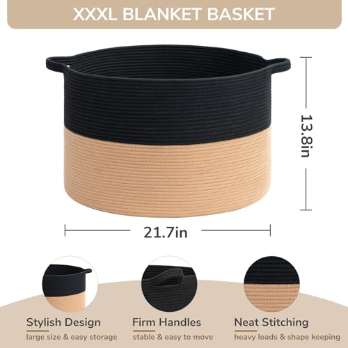 INDRESSME Woven Rope Basket with Handle, XXXLarge, Cotton (21.7" x 21.7" x 13.8") Laundry Hamper For Baby Laundry, Blanket, Toy, Storage Comforter Cushions, Gray