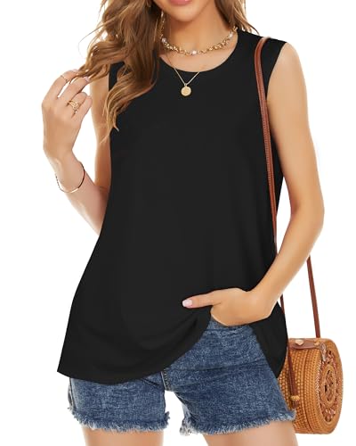 Womens Summer Tops Sleeveless Top Crewneck Cute Printed Tunic Shirts (Blue White Flowers, M)