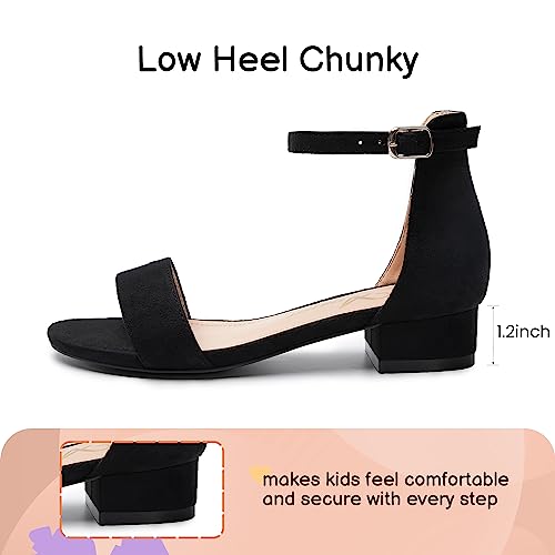 Athlefit Girls Sandals Open Toe Ankle Strap Low Heels Flower Girl Dress Shoes For Toddler Little Big Kid Black/Pu Size 10