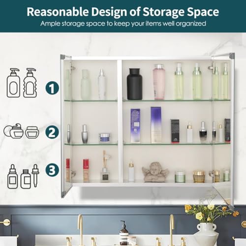Double Doors Medicine Cabinet with Mirror, 30 inch X 26 inch Aluminum Bathroom Medicine Cabinet, Adjustable Glass Shelves, Waterproof and Rust-Resist, Recess or Surface Mount Installation,Silver