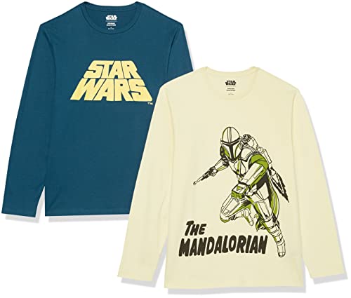 Amazon Essentials Disney | Marvel | Star Wars Men's Long-Sleeve T-Shirts, Pack of 2, Light Yellow Star Wars Mando/Navy Star Wars, X-Small