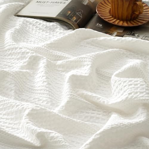 PHF Ultra Soft Waffle Weave Blanket Twin Size for Bed, Lightweight and Breathable Thin Blanket for Summer - 60"x 80" Soft Woven and Cozy Blanket for Couch Sofa Home Decor - Coconut White