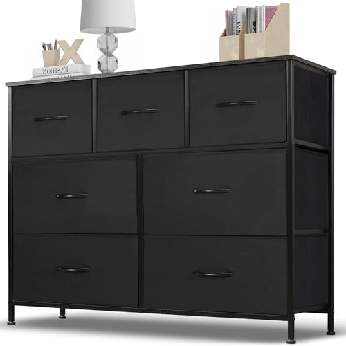 Dresser for Bedroom, 7 Storage Drawers, Wide Fabric Closet Chests Organizer Tower Furniture, TV Stand for TV up to 45 inch with Wooden Top Metal Frame for Clothes, Kids, Living Room, Hallway, Entryway