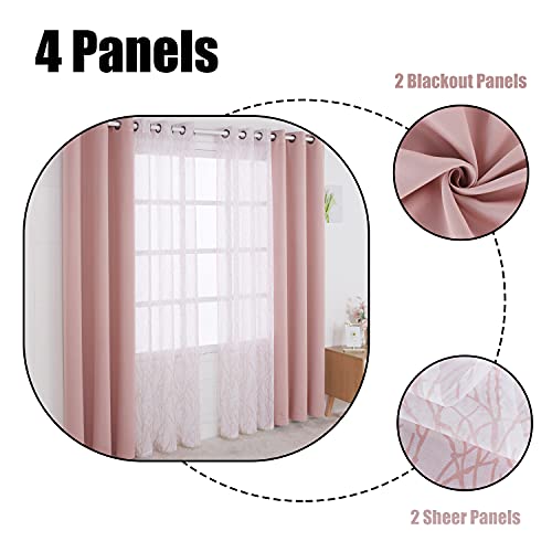 BONZER Mix and Match Curtains - 2 Pieces Branch Print Sheer Curtains and 2 Pieces Blackout Curtains for Bedroom Living Room Grommet Window Drapes, 37x63 Inch/Panel, Blush, Set of 4 Panels