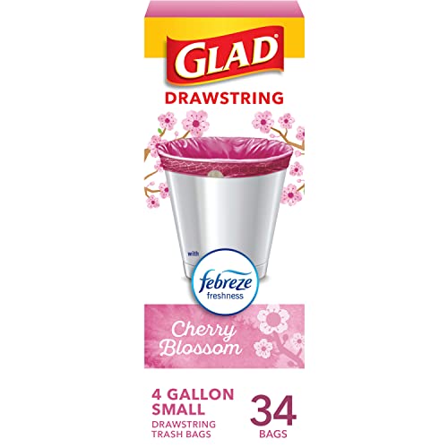 Glad Odorshield Small Drawstring Trash Bags, 4 Gal, Pink, Cherry Blossom, 34 Ct, Pack May Vary