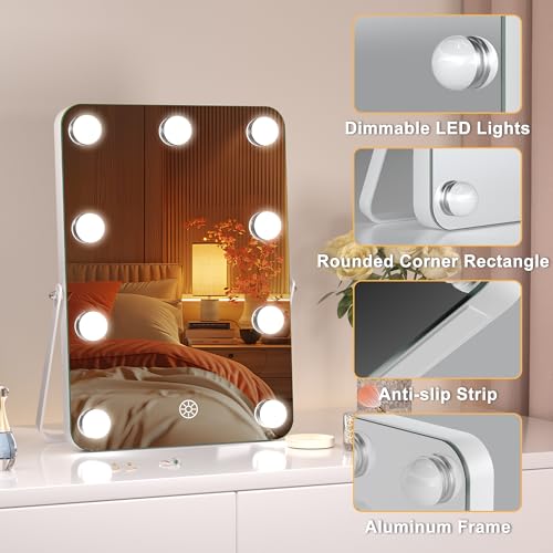 Hasipu Hollywood Vanity Mirror with Lights, 10" x 14" LED Makeup Mirror, 3 Modes Light, Smart Touch Control Dimmable, 360°Rotation, Rounded Rectangle White Frame