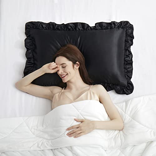 HommxJF Silky Satin Ruffled Pillow Cases for Hair and Skin,White Silk Pillowcases King Set of 2 with Envelope Closure Princess Room Decoration