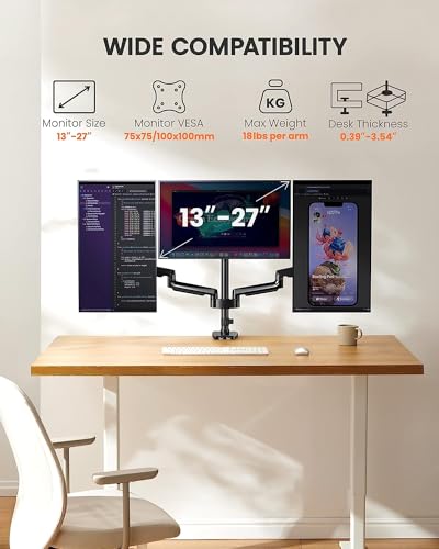 ErGear Triple Monitor Mount for 13-27 inch Screens, Gas Springcore Triple Monitor Arm with USB, Heavy Duty Triple Monitor Stand with Tilt, Swivel, Rotation, Holds Up to 17.6 lbs Each Arm