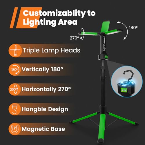 Rechargeable Work Light with Stand, GoGonova Cordless Work Light with Triple LED Lamps, 8AH Battery, 700/1200/2200 Lumen, 4000/6500K Dimmable Led Work Light Kit (Green)