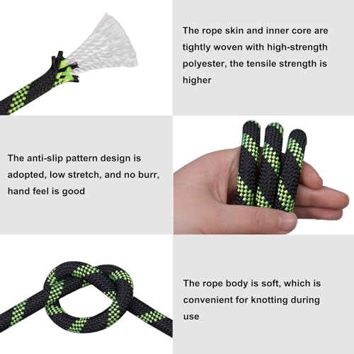 CRAYZA Braided Polyester Rope (3/8 in x 100 ft) Climbing Rope Arborist Rope for Tree Climbing Pulling Swing Sailing, Black/Fluorescent Green