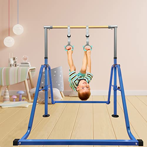 GLANT Gymnastics Bar for Kids with Rings Set, 7 Heights Adjustable Easy Folding Gymnastic Training Bar Kids Monkey Horizontal Bars - Max Load 300LBS (Blue)
