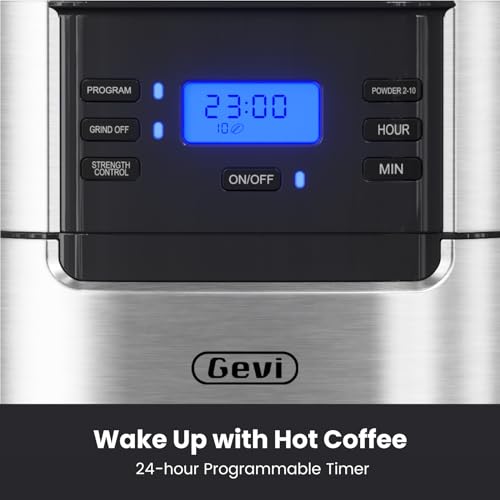 Gevi 10-Cup Drip Coffee Maker with Built-in Grinder, Programmable Brew Coffee Machine with Timer, Reusable Filter, 1.5L Water Tank, Coffee Pot, Warming Plate Burr Grinder Combo