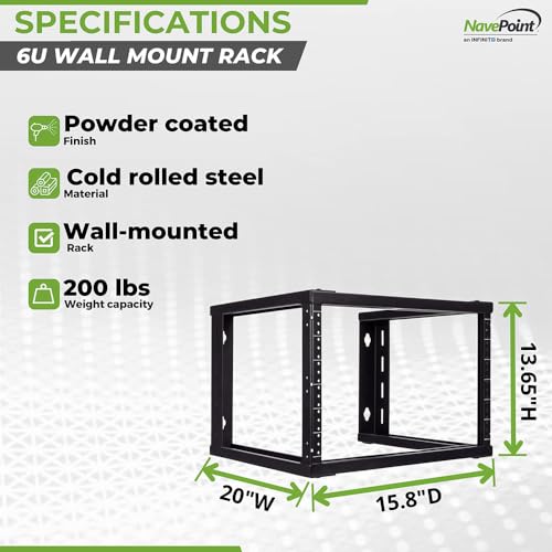 NavePoint 6U Wall Mount Open Frame 19 Inch Server Equipment Rack Threaded 16 inch Depth Black