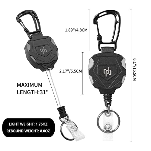 SHENGXIN 2 Pack Retractable Keychain Heavy Duty Carabiner Badge Holder, Tactical ID Badge Reel with 32” Steel Retractable Cord, 8.0 OZ