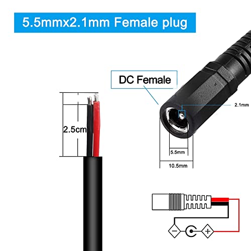 XMSJSIY 5.5mm x 2.1mm DC Power Pigtail Cable,5521 DC Female Plug to Bare Wire Open End Power Wire, 16AWG 24V DC Power Supply Repair Cable for CCTV Security Camera DVR LED Strip Light 3M -1PCS