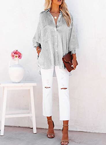 Women's Smocked Cuffed Striped Boyfriend Shirt Casual Collar Long Sleeve Button Down Blouse Tops with Pocket Shirred