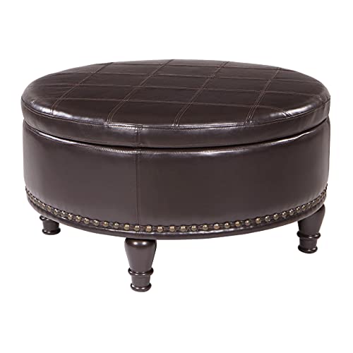 INSPIRED by Bassett OSP Home Furnishings Augusta Round Storage Ottoman with Decorative Nailheads and Flip Over Lid with Serving Tray Surface, Crimson Red Faux Leather