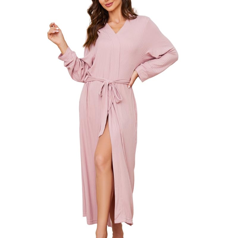 HEARTNICE Womens Soft Long Robe, Lightweight Full Length Knit Bathrobe for Sleepwear & Loungewear Robe (Bean Paste Pink,S)