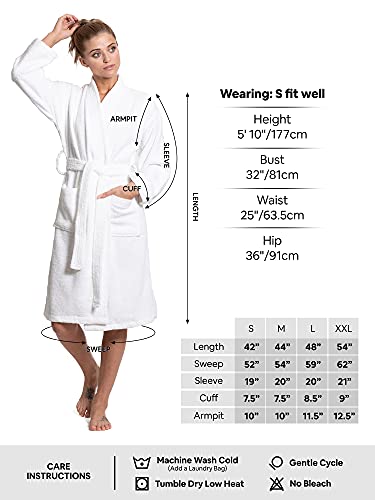Turkuoise Women's 100% Cotton Turkish Terry Cloth Kimono Bathrobes, White, Medium