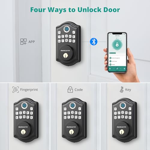 AkaGear Keyless Entry Door Lock with APP Control - Fingerprint Deadbolt Door Lock, Electronic Keypad Lock, Smart Locks for Front Door, Auto-Lock & One Touch Locking with Bluetooth - Matte Black