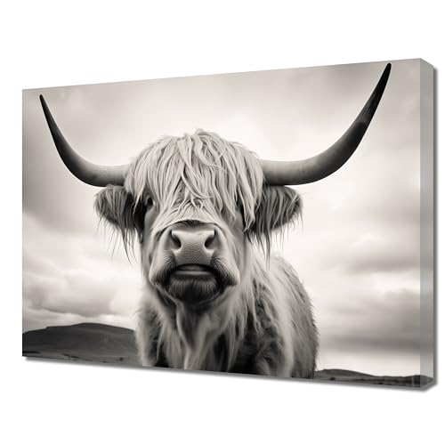 QIXIANG Large Black and White Highland Cow Canvas Wall Art Longhorn Highland Cow Picture Prints Farmhouse Cow Portrait for Home Decor (Cow-A,12.00" x 18.00")