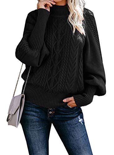 Dokotoo Womens Mockneck High Neck Cable Knit Pullover Tops Balloon Ribbed Sweaters for Women Autumn Fashion Business Casual Outfits for Women Pink X-Large